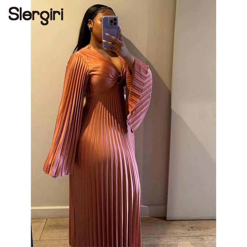 

Элегантное плиссированное длинное платье Slergiri однотонного цвета, женское, модное, новинка 2026 года, весеннее, с V-образным вырезом, длинными рукавами, для отпуска и вечеринок, макси-платье