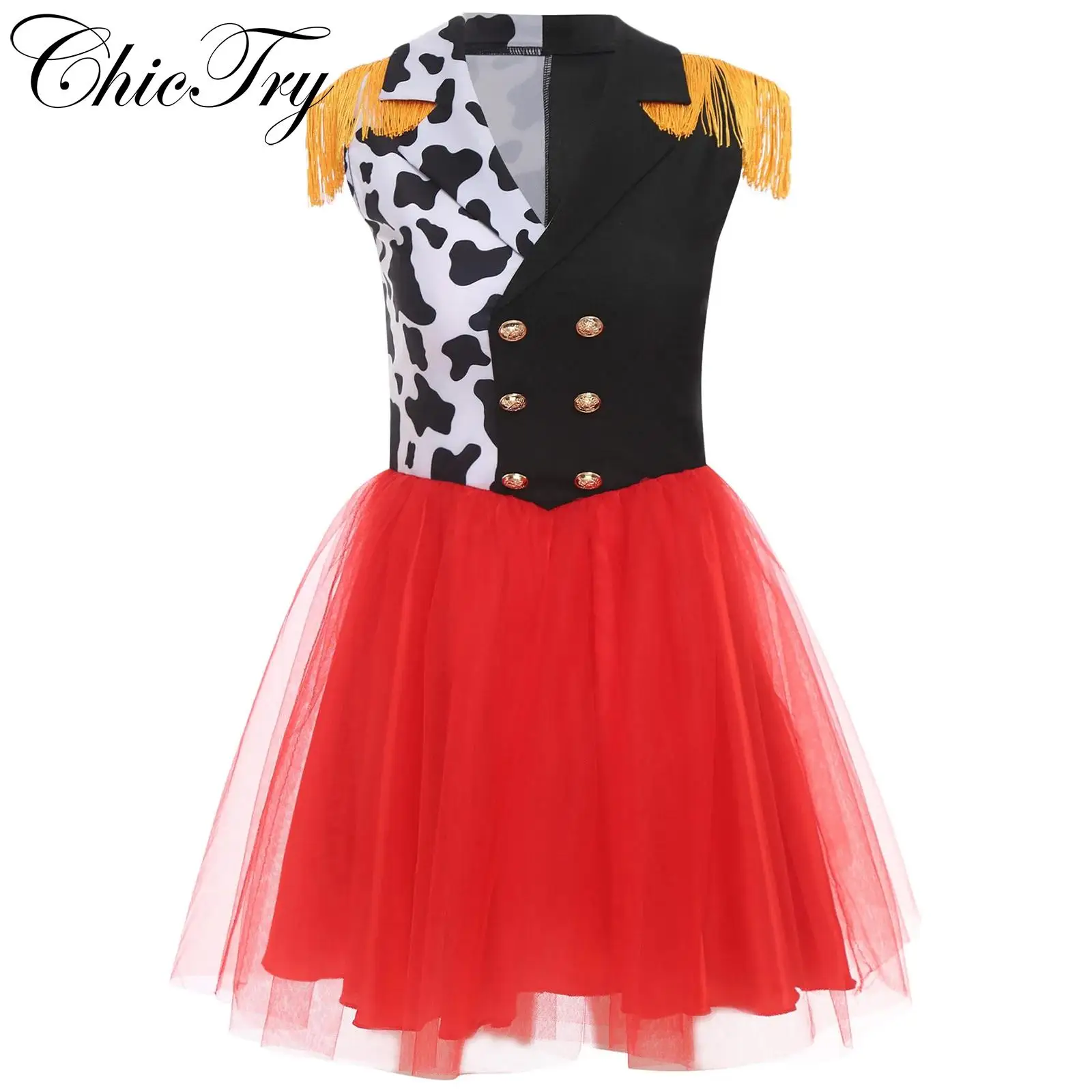 

Womens Killer Clown Circus Ringmaster Costume Halloween Cosplay Themed Party Dress Tassel Epaulets Tulle Tutu Carnival Dress Up