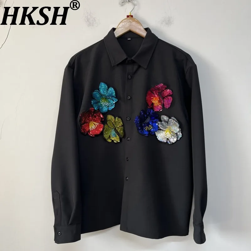 HKSH Spring Autumn New Men Trendy Fashion Sequins Beaded Flower Decoration Niche Design Versatile Dark Long Sleeve Shirt HK16915
