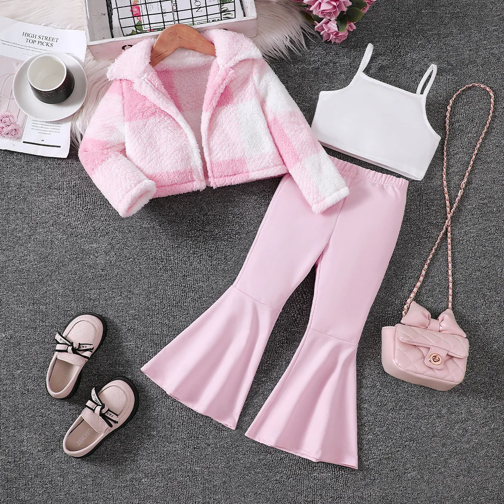 

2025 3pcs Autumn and Winter Baby Girls' Clothes Set Long Sleeve Coat + Short Suspender Top + Pants Children Clothing For Outdoor