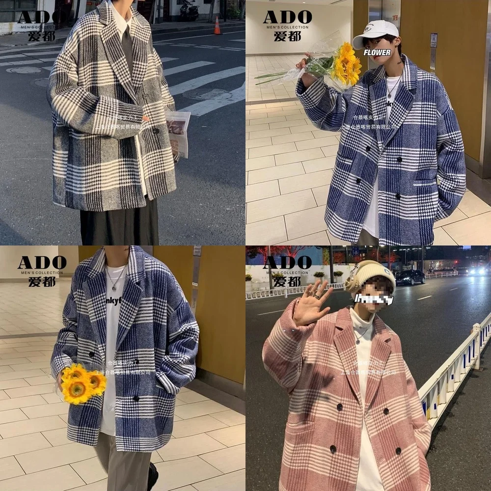 

Windbreaker Jacket Men's Wool Trench Coat Mid Length Plaid Fashion Korean Style Suit Winter Jacket Vintage Trend