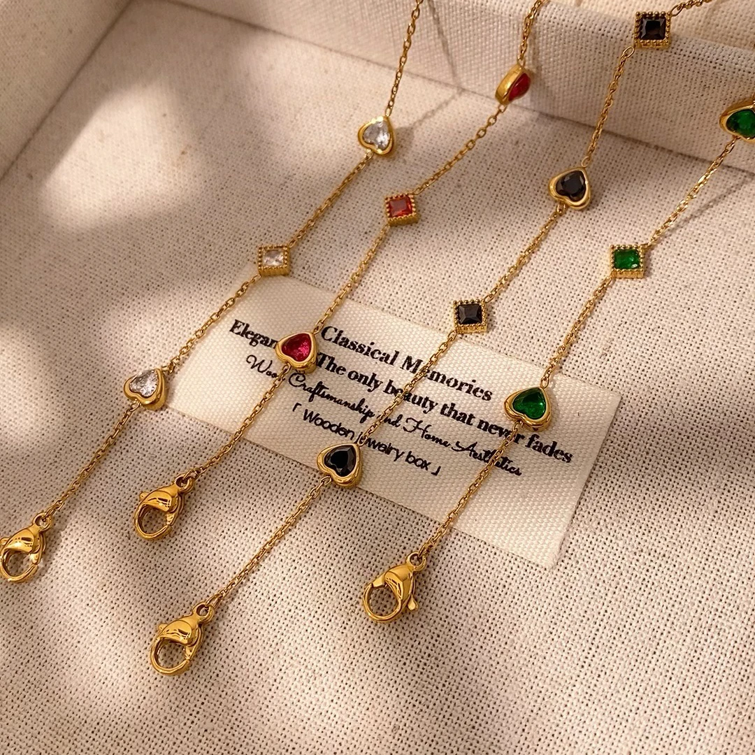 

Colorful Heart Love Muti color CZ Crystal Charm Bracelet for Women Dainty Gold Plated Stainless Steel Bracelet for Women