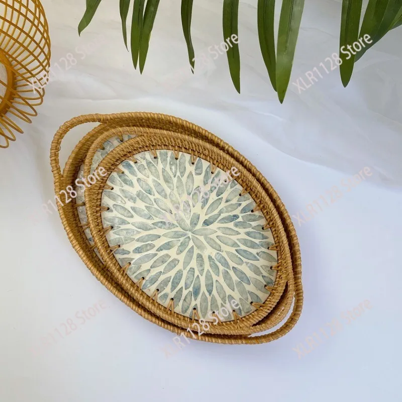 

Nordic Rattan Woven Tray with Colorful Shells Fruit Plate Jewelry Storage Organizer for Home Decor