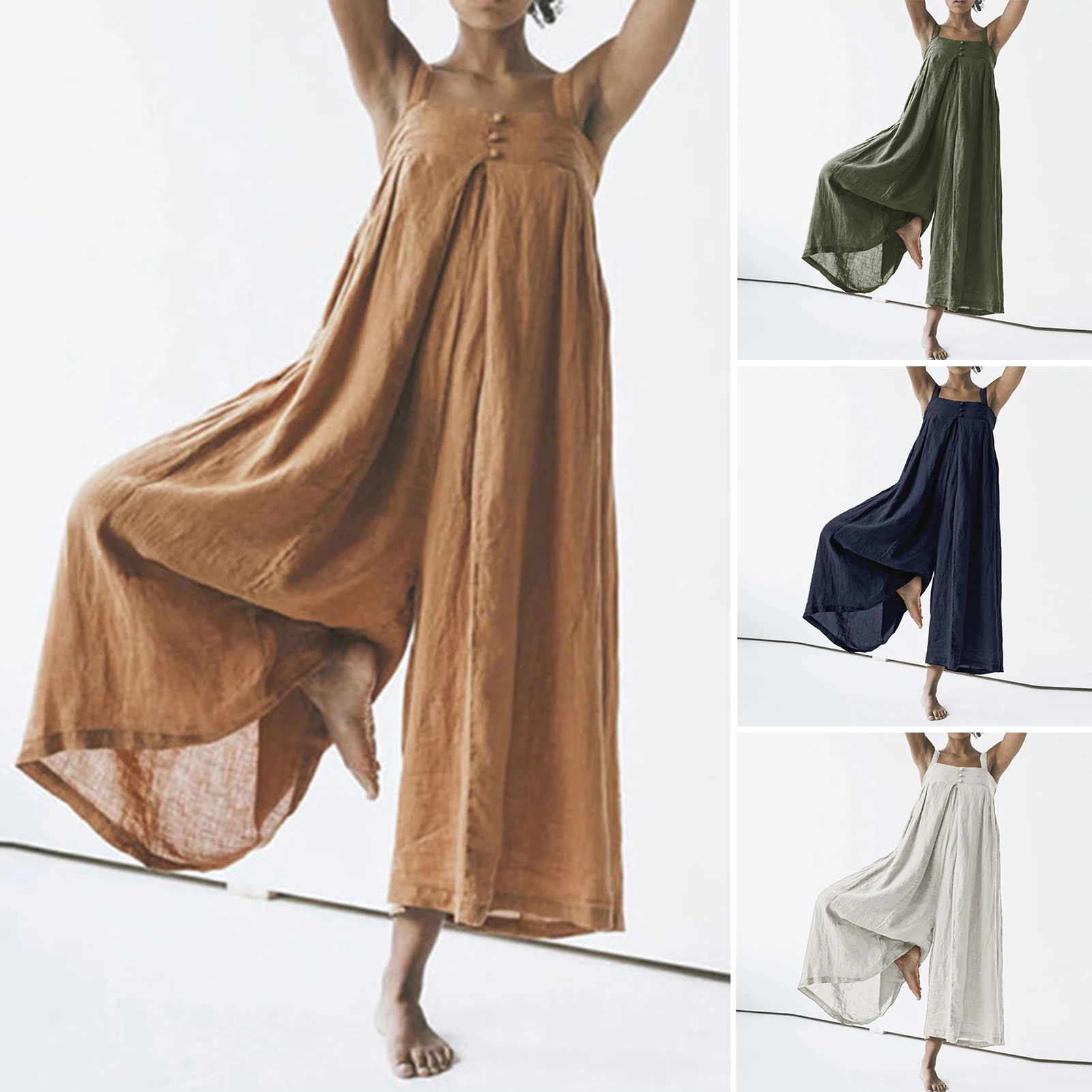 Casual Loose Jumpsuit Women Summer Solid Cotton Linen Straps Wide Leg Pants Dungaree Bib Overalls Sleeveless Oversized Jumpsuits