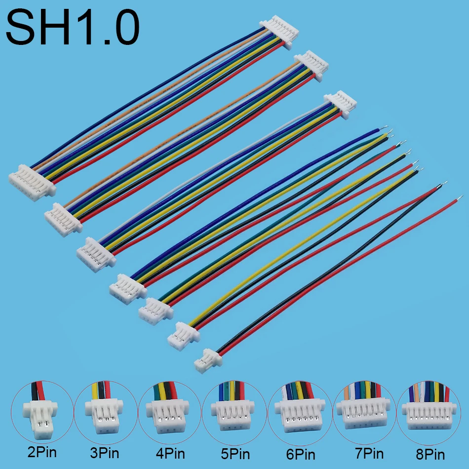 10 Uds JST SH 1,0 SH1.0 2/3/4/5/6/7/8Pin conector de Cable Sing/doble cabezal Terminal enchufe línea electrónica 100mm 28AWG