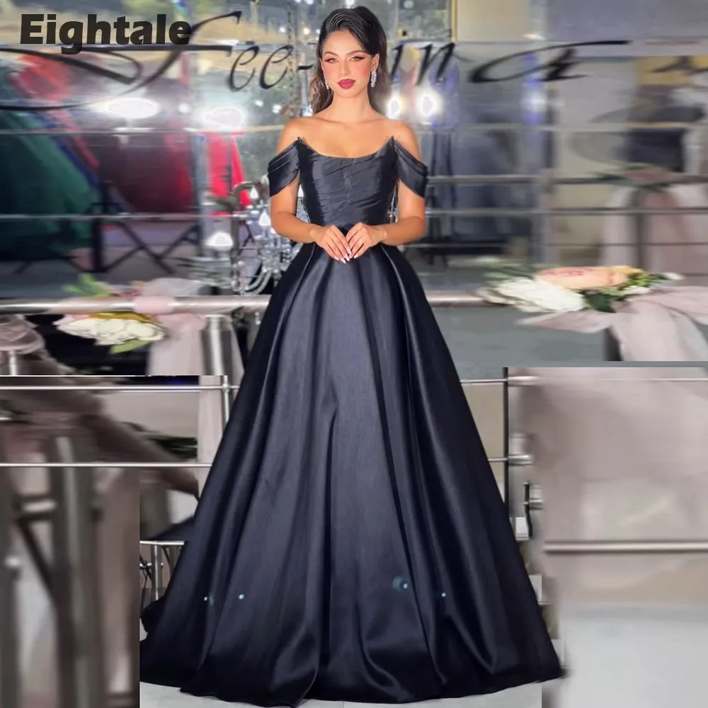 Eightale Elegant Evening Dresses off Shoulder A-Line Satin Black Prom Gown Wedding Party Dress Customized Robe De Soiree