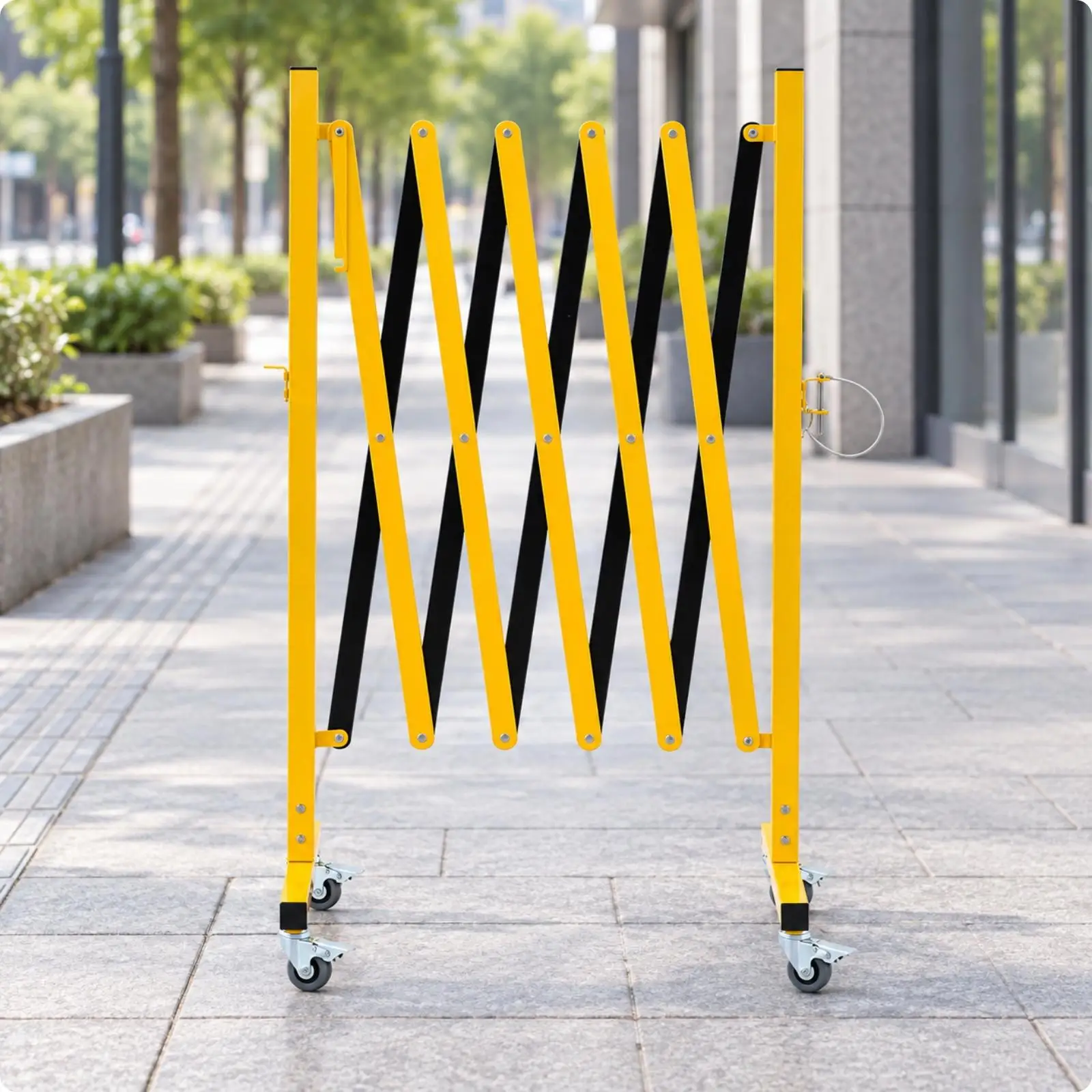 Compact Storage Safety Fence Panel Expandable Iron Stanchion with Yellow Black Rails for Maintenance Team Control