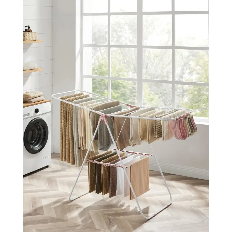 Clothes Drying Rack, with Sock Clips, Metal Laundry Rack, Foldable, Space-Saving, Free-Standing Airer