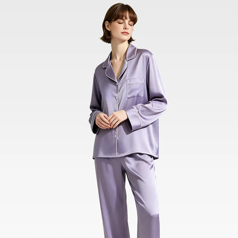 Purple Women's Silk Pajamas 19 Momme 100% Pure Silk Long Sleeve Button Up Sleepwear Loungewear Set Luxury Homewear