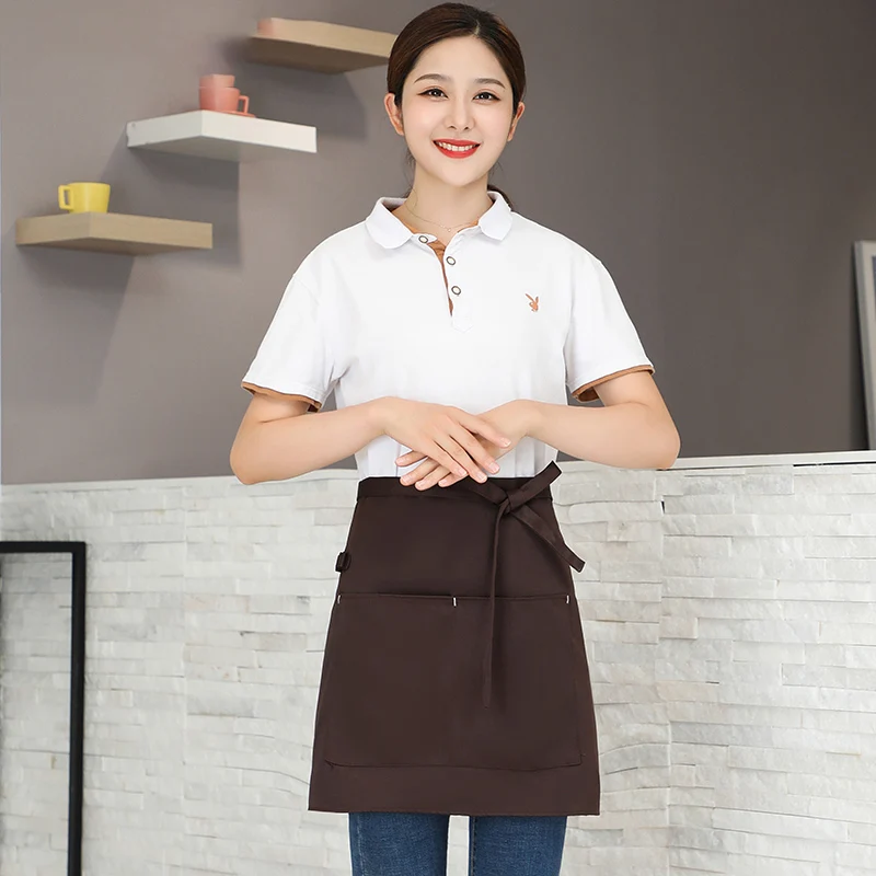 Kitchen Apron Universal Unisex Ladies Kitchen Cooking Short Apron Waiter Double Pocket Restaurant Bakery Nail Studio