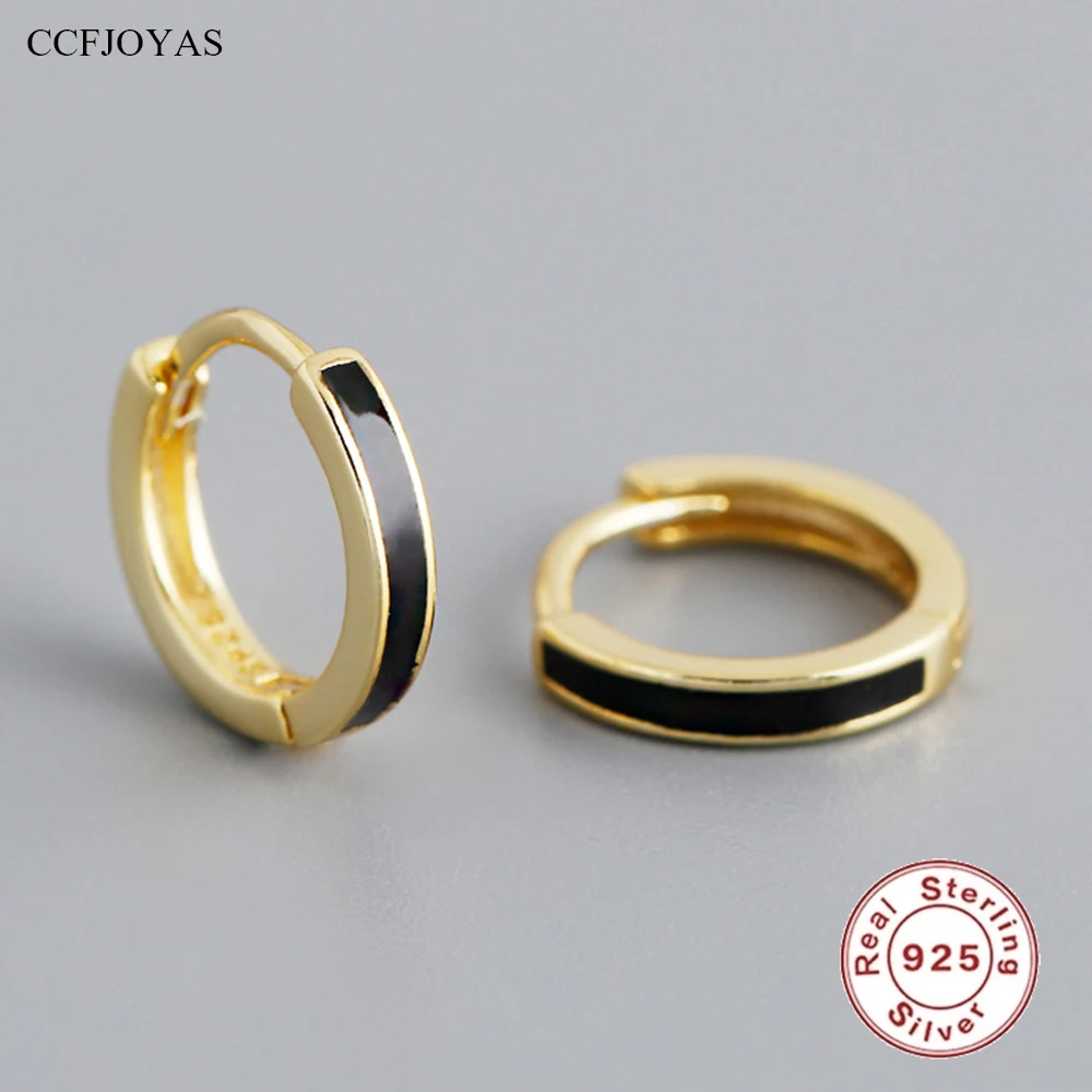 

CCFJOYAS 925 Sterling Silver 8mm Black Enamel Hoop Earrings for Unisex European and American Circle-shaped Earrings Jewelry