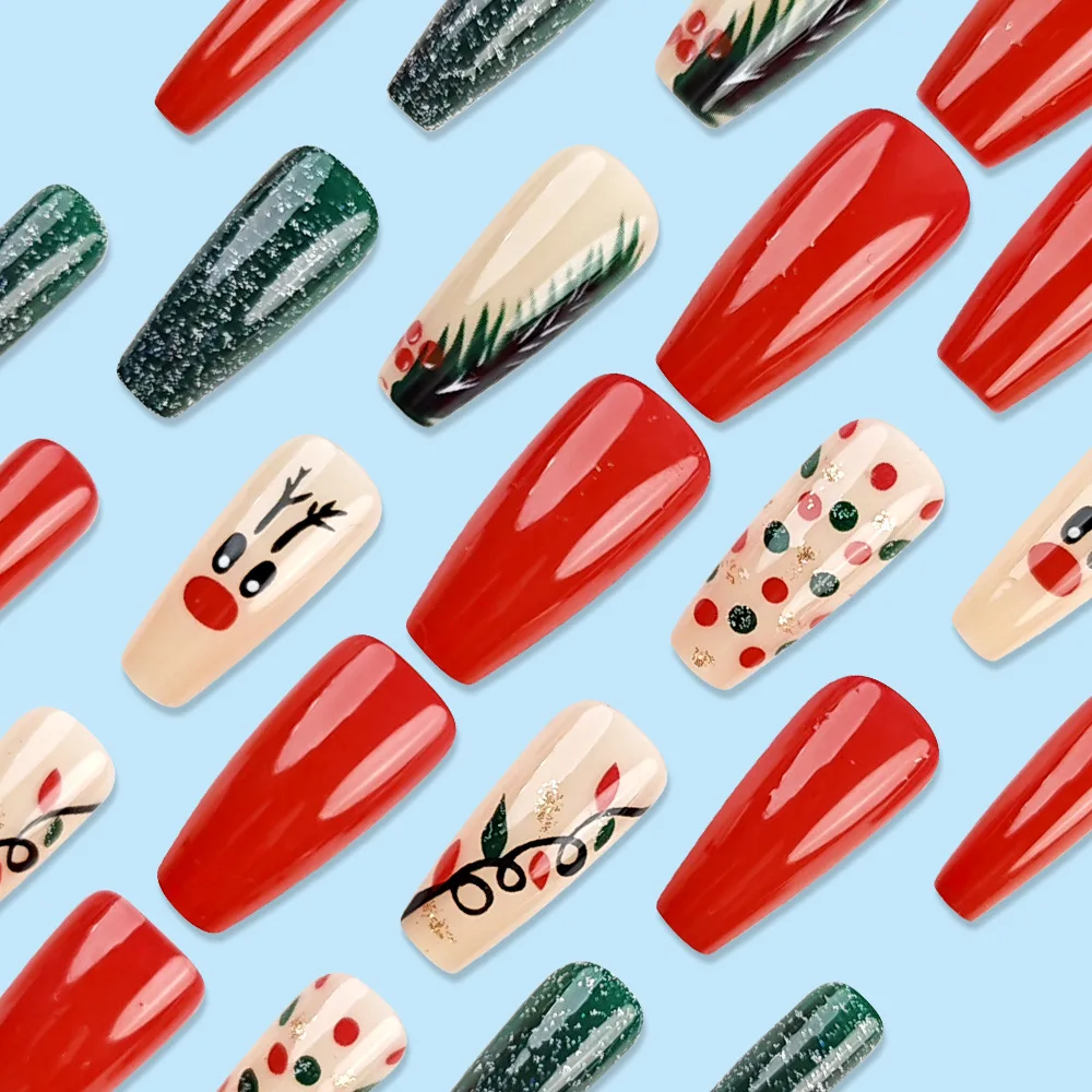 

Red Christmas Fake Nails Press Ons Glossy Long Coffin Tips with Glue Stickers for Woman DIY Finger Manicures