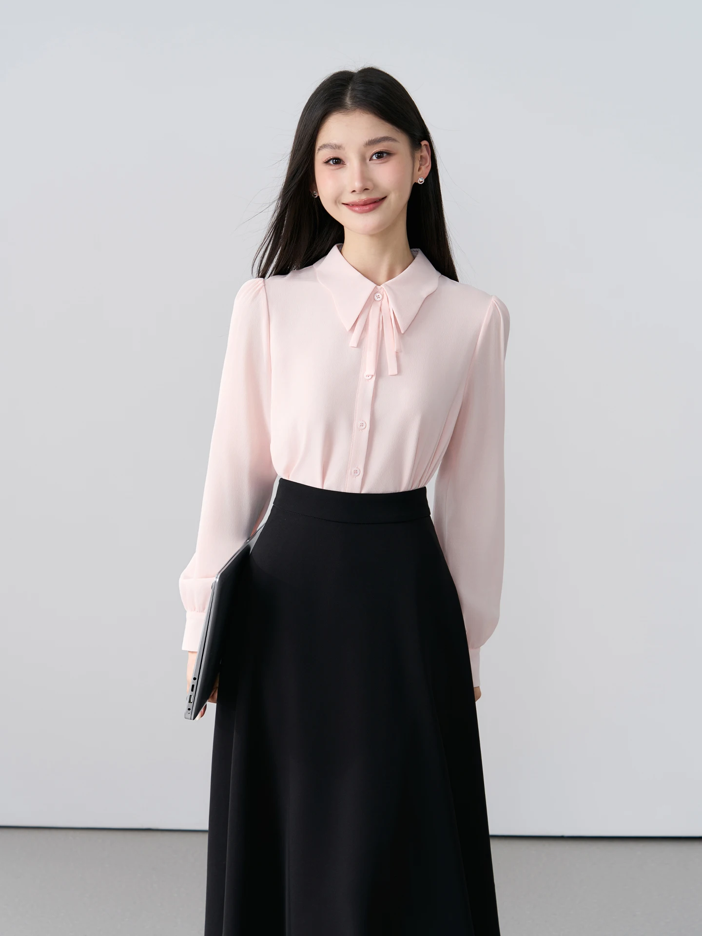 

Miss Bird Pink Slim Bow Tie Shirt Women's Commute Inner Wear Top Professional Formal Shirt Elegant Style Long Sleeve Polyester