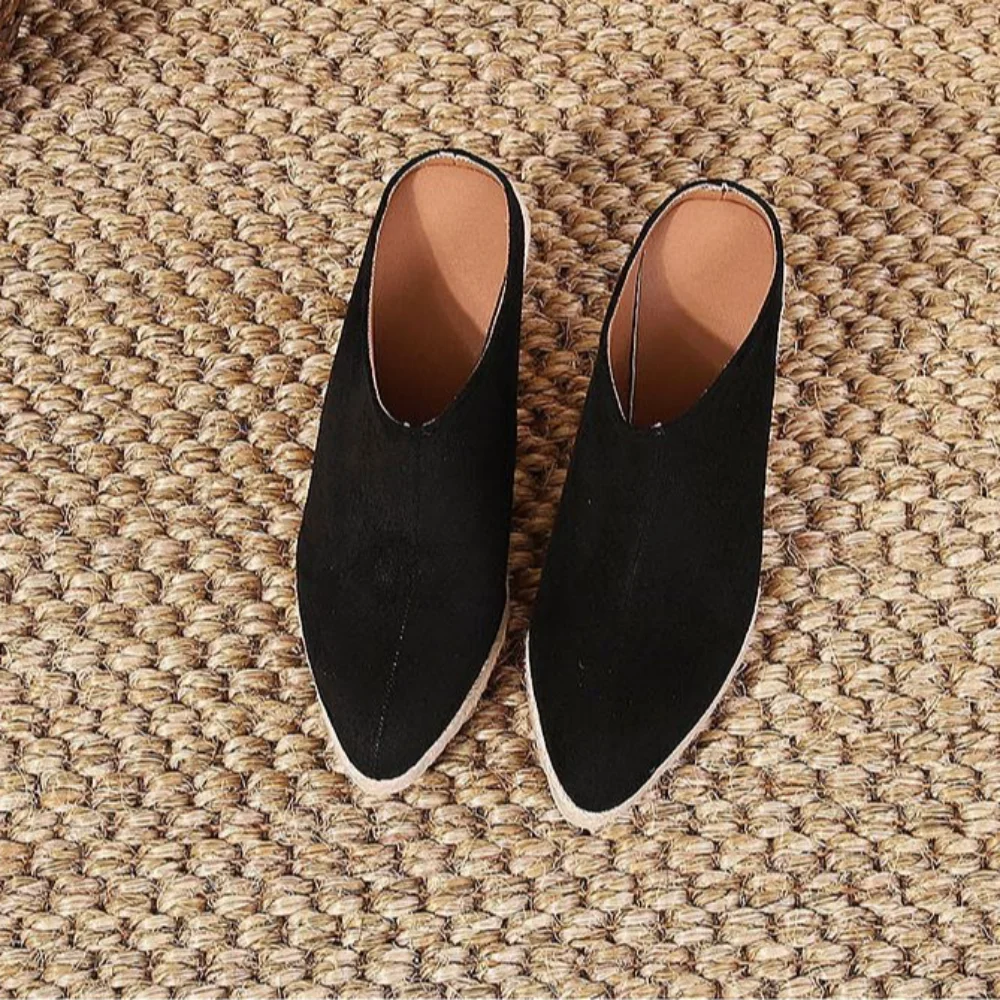 Baotou Slippers Women's New Pointed Toe Sloping Heel Thick Sole Dragging Womens Back Empty Grass Woven Hemp Rope Sole Pumps