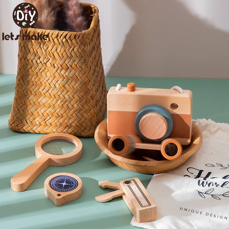 Baby Wooden Montessori Outdoor Adventure Toys Wooden Camera Magnifier Telescope Compass Toy Cognitive Educational Puzzle Game