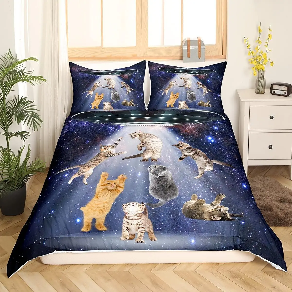 Galaxy Cute Cat Duvet Cover Set Super King Size Nebula Animal Bedding Set With 2 Pillowcases Gorgeous Comforter Cover