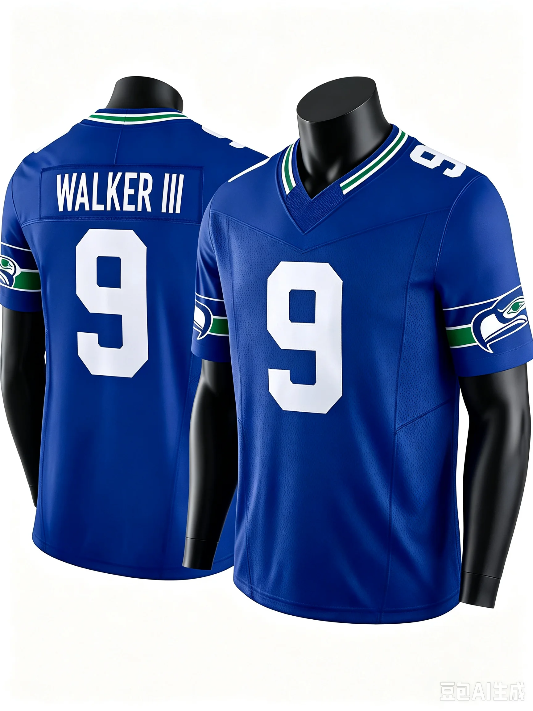 Men #9 Walker III Navy Home Football Jersey Mesh Digital Number Neon Green Trim V Neck Seahawks Game Fan Jersey Family Matching