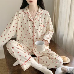 Spring Autumn Women Print Pajamas  Baby Cotton Cloth Long Sleeve Trousers Cardigan Pure Solid Casual Home Wear