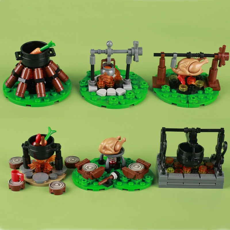 MOC Castillo Medieval, hoguera, bloques de construcción, figuras de soldado militar, campamento, cocina, zanahoria, pollo asado, modelo de comida, ladrillos, juguete para niños