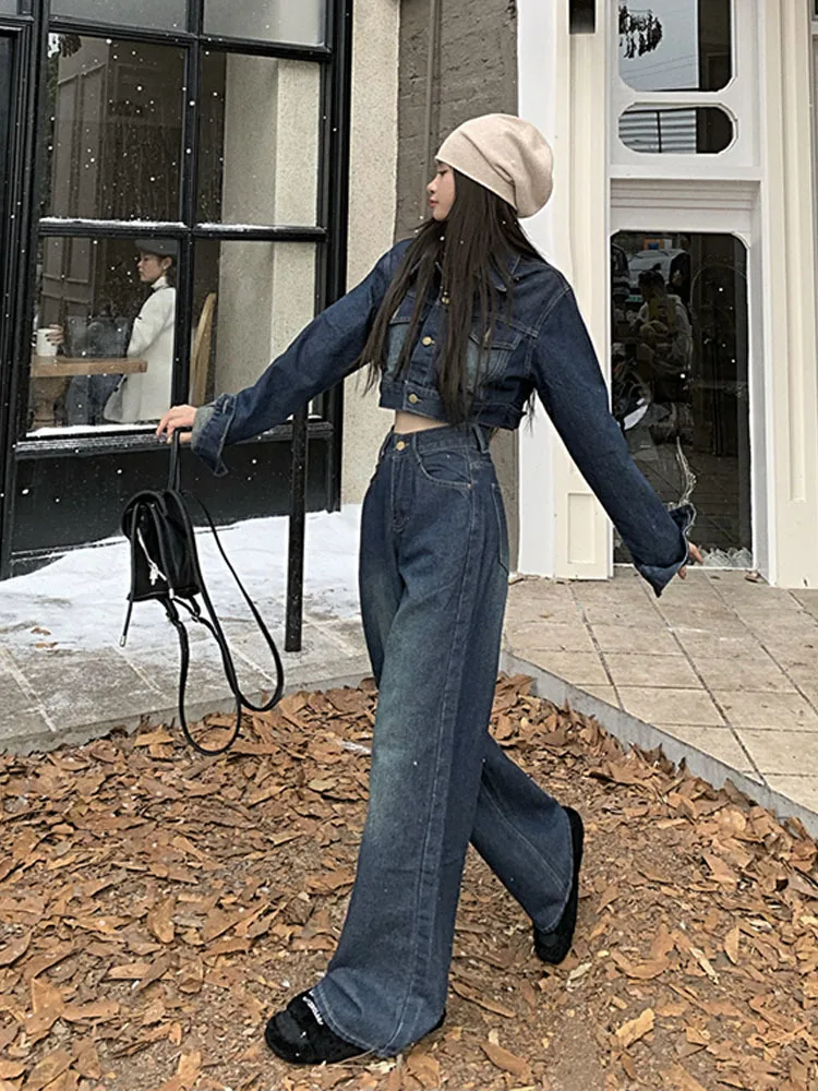 Vintage denim suit women\'s short coat top + Jeans wide leg pants 2023 spring autumn new fashion two-piece set