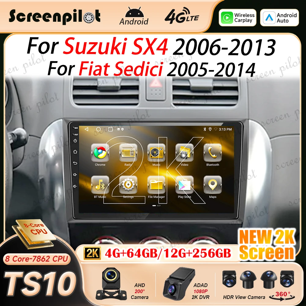 Android 16 Car Carplay Auto For Suzuki SX4 2006 -2013 Fiat Sedici 2005 2007 - 2014 Multimidia Player GPS Radio Stereo 8 Core CPU