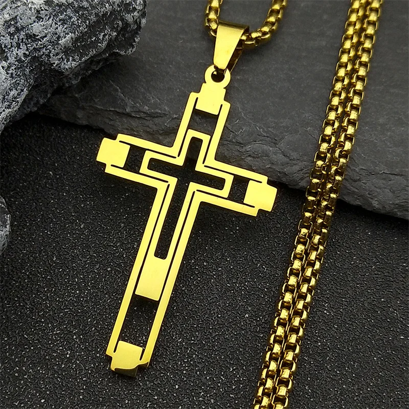 Cruz pingente de aço inoxidável masculino colar para homem mulher cor ouro corrente colares jóias cadenas para hombre n6054s02
