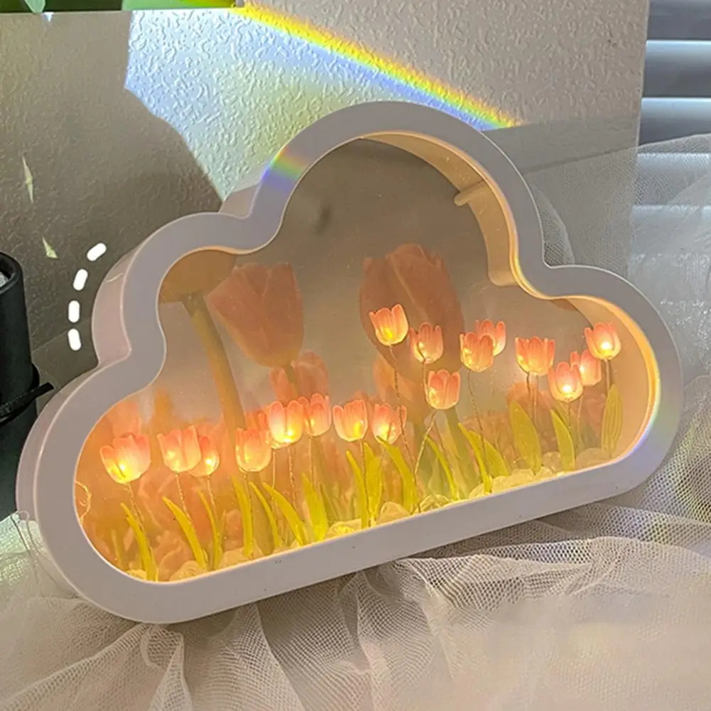 DIY Tulip Night Light Soft Lighting Flicker Free Battery-operated Simulation Flower Cloud Tulip Mirror Table Lamp Decoration