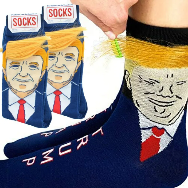 Spoof Funny President Donald Trump Socks with 3D Fake Hair Crew Sock for Mens Compression Socks Streetwear Hip Hop Socks