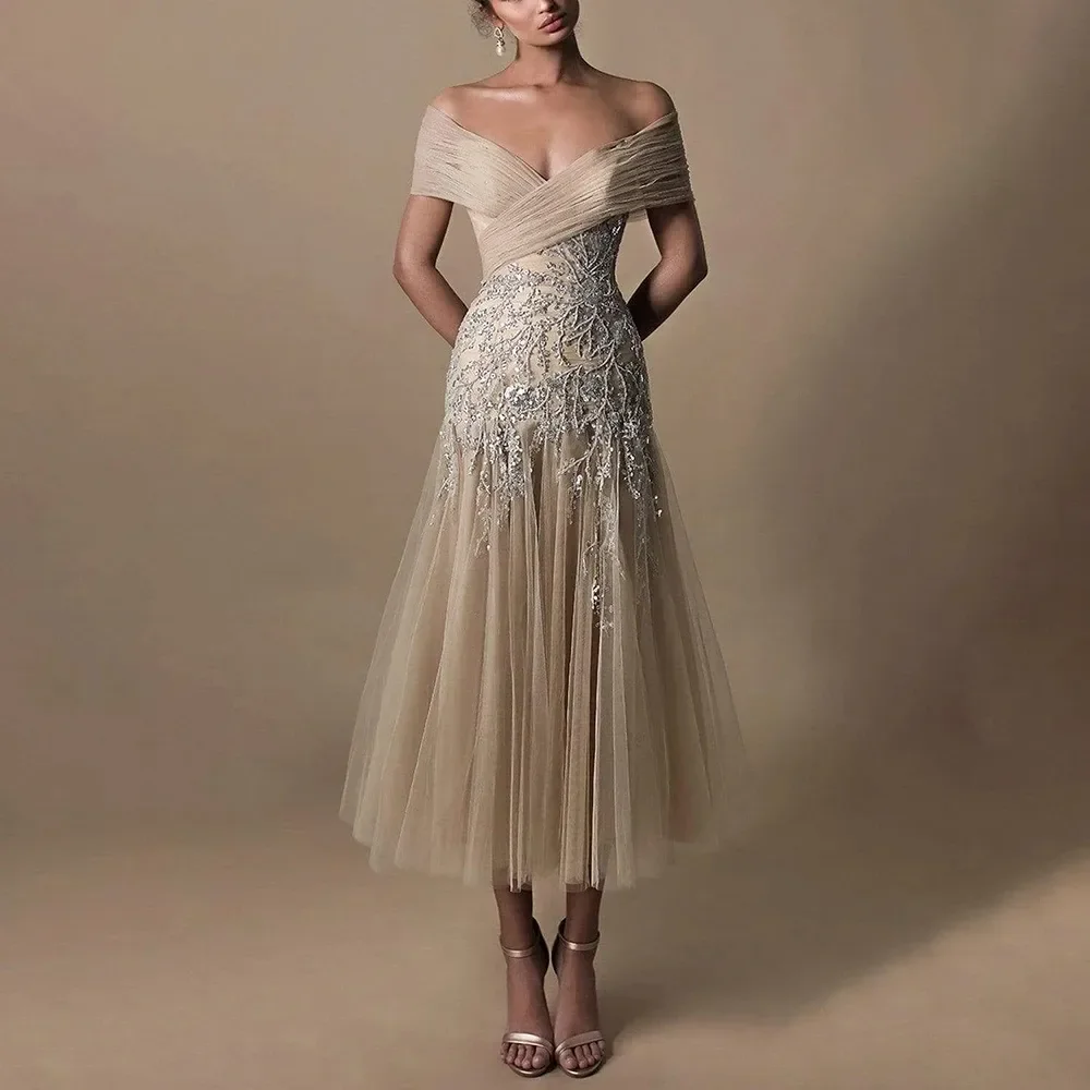 

Модное вечернее платье трапециевидной формы с v-образным вырезом по индивидуальному заказу, плиссированное тюлевое платье с аппликацией и блестками, кружевное вечернее платье для красоты, 2025 г.