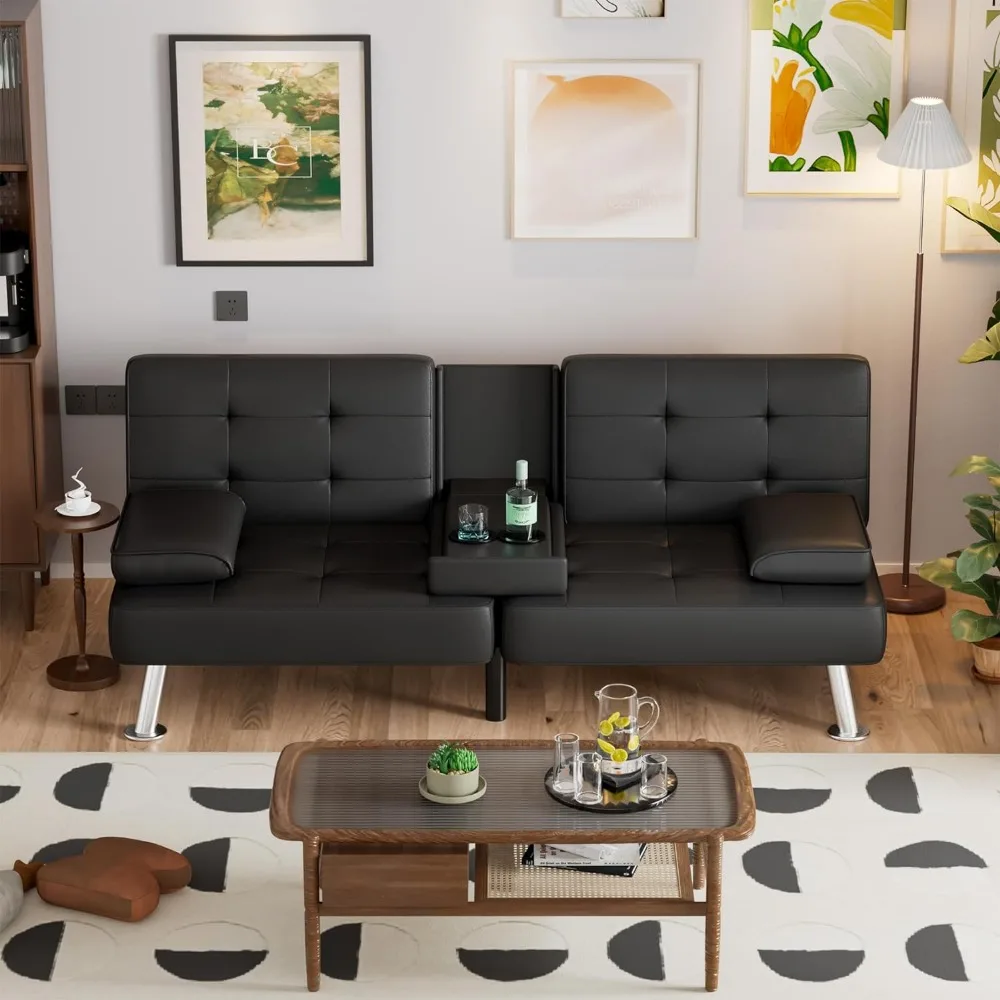 Futon Slaapbank, Moderne Faux Lederen Converteerbare Opvouwbare Lounge Bank Voor Woonkamer Met 2 Bekerhouders Afneembare Zachte Armleuning A