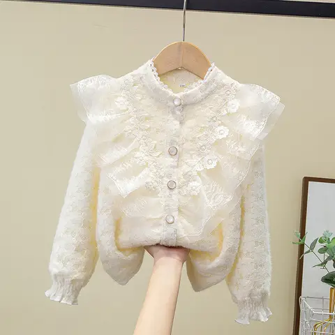 New Lace Velvet Warm Bottom Shirt for Girls, Children's Clothing, Winter Mid To Large Children, Girls' Temperament Cardigan