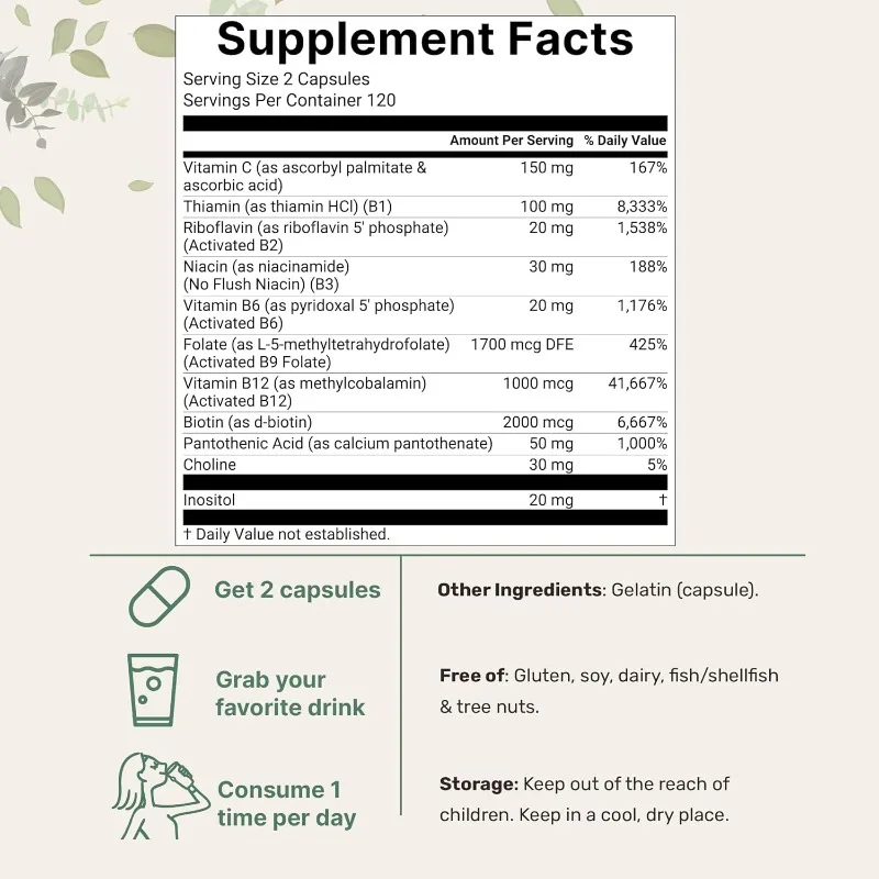 مجمع B النقي الميثيل للذكور والإناث -60 كبسولة عالية الامتصاص من فيتامين ب12، ثيامين، فولات + إنسينيتول، كولين، إلخ