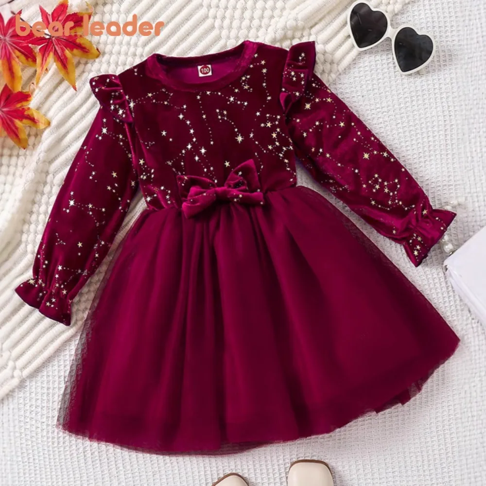 

Bear Leader Girl's Christmas Dresses Spring and Autumn Fashion New Red Bow Mesh Glitter Star Long Sleeve Princess Dress