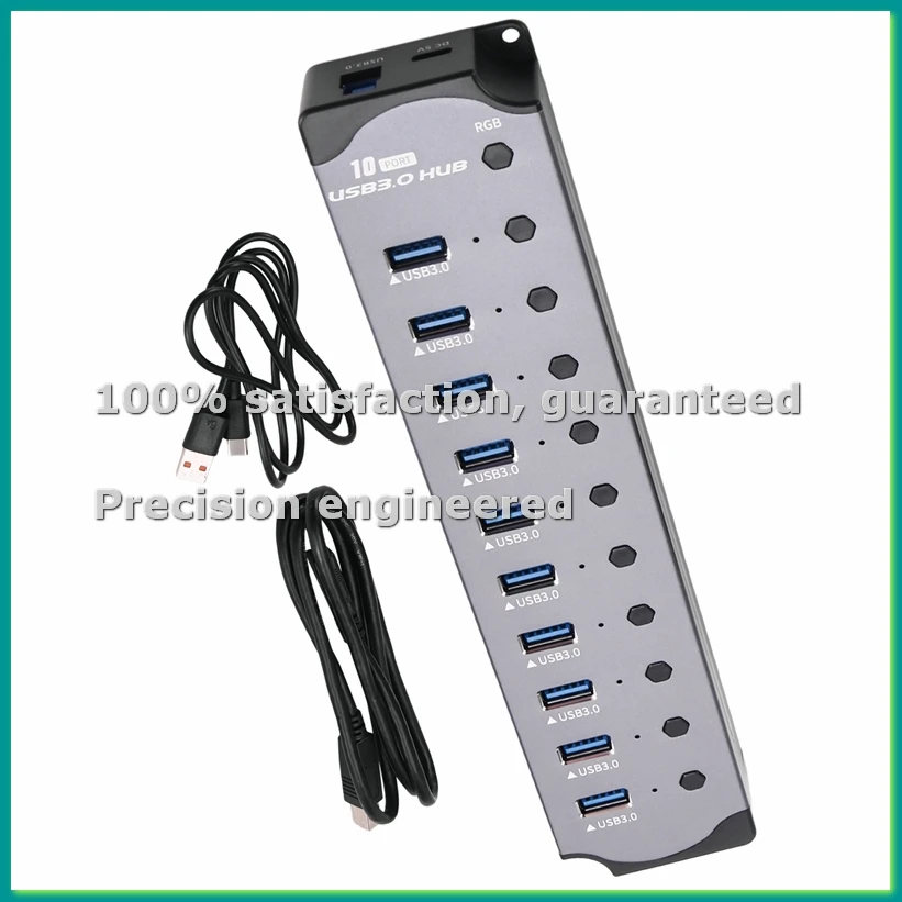 

USB-хаб 10-в-1 с 10 портами, USB-адаптер, USB-разветвитель, интерфейс USB 3.0, индивидуальные переключатели, RGB-подсветка, E-Marker, теплоотводящий дизайн - PZZW
