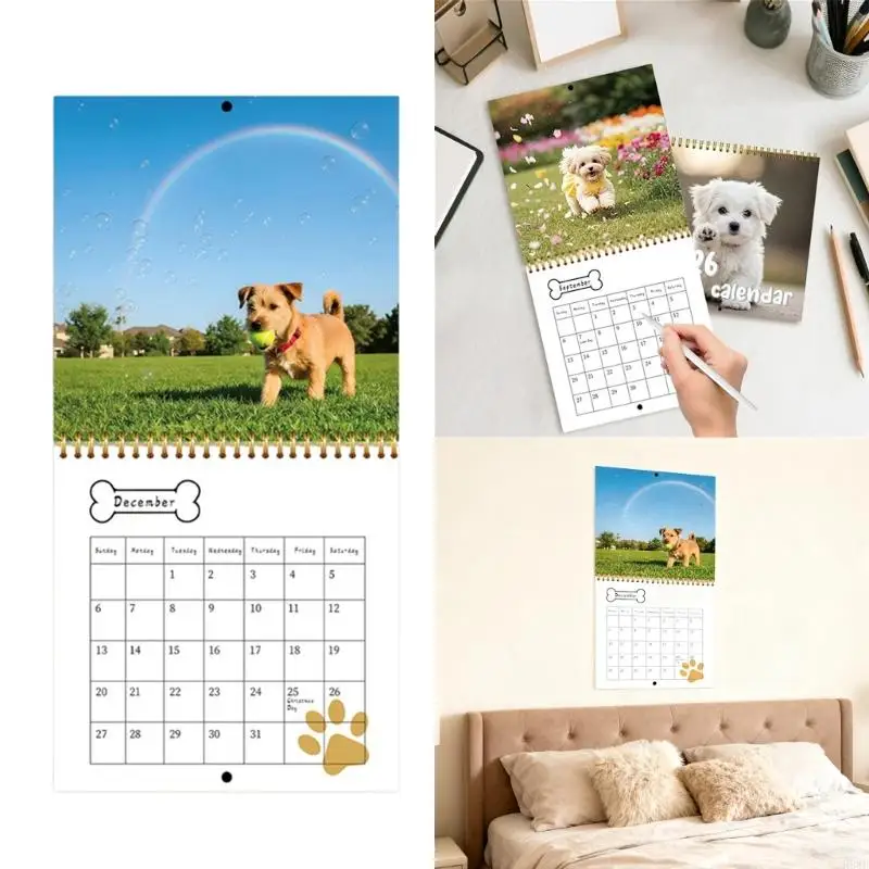 

2026 Puppy Themed Wall Mounted Calendar Planner 12 Month from Jan to Dec with Date Highlight For Daily Weekly Planning H8WD