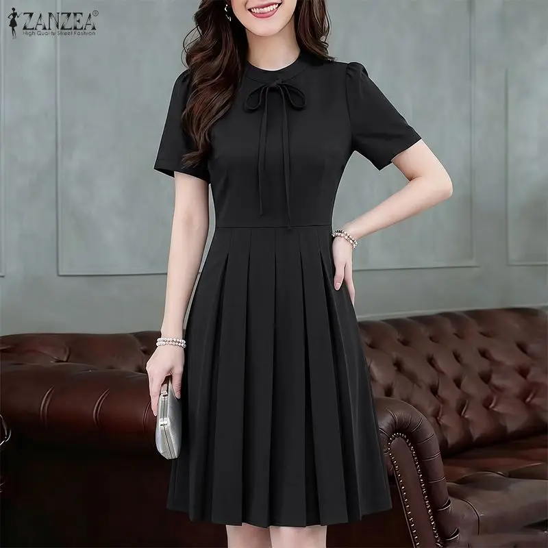 Damen Sommerkleid 2026 ZANZEA Elegantes Kurzarm-Plissee-Kleid Stilvolles Einfarbiges A-Linien OL Arbeitskleid mit Schnürung Vestidos