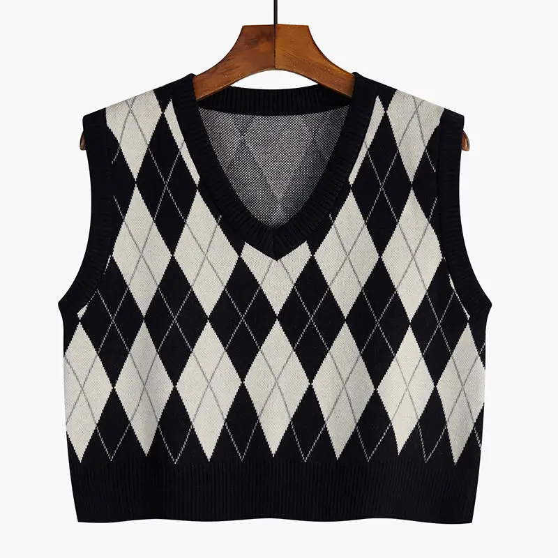 Argyle Sweater Vest Women Retro All-match V-neck Cropped Sweaters Korean Style High Street Classic Loose Knitting Vests Students