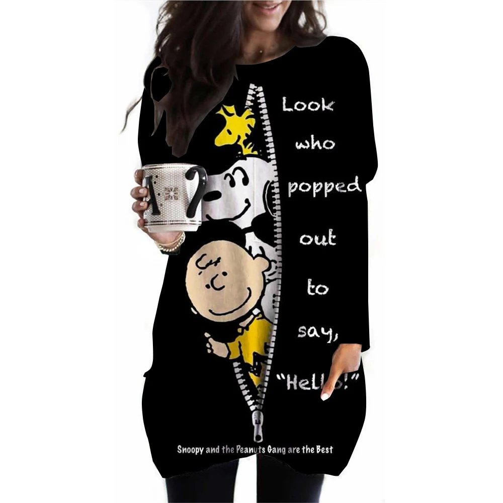 Women\'s round neck long sleeved daily fashion oversized sports shirt Snoopy print loose casual pocket T-shirt hooded pullover