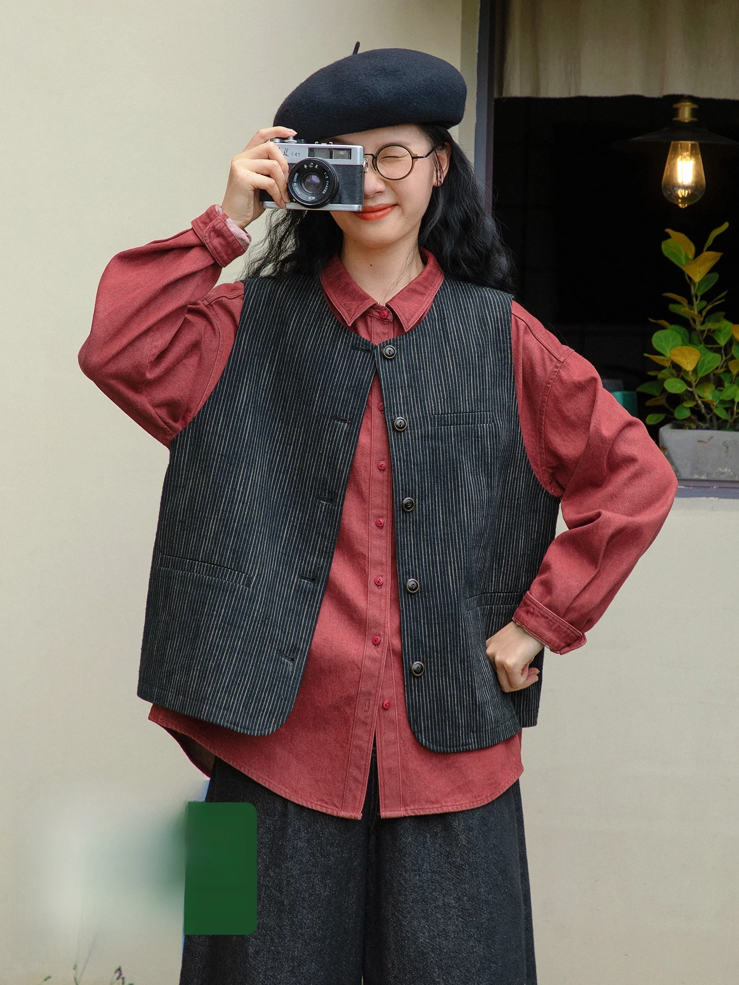 

Original Pure Cotton Bla Vest Women's Loose Striped Jaet Autumn Casual Japanese Sle Retro Top round Ne ort Length