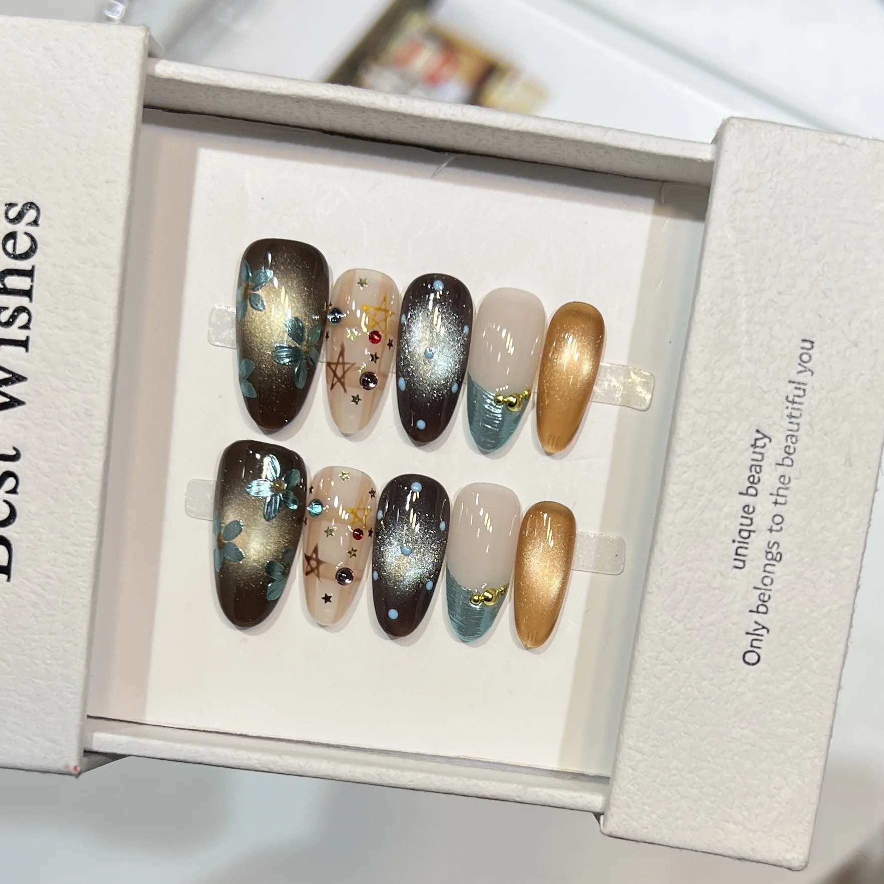 

10 шт., миндаль ручной работы, французский пресс для ногтей, блестящий кошачий глаз, звезда, цветок, декор в горошек, накладные ногти, носимый дизайн ногтей, подарок для девушки