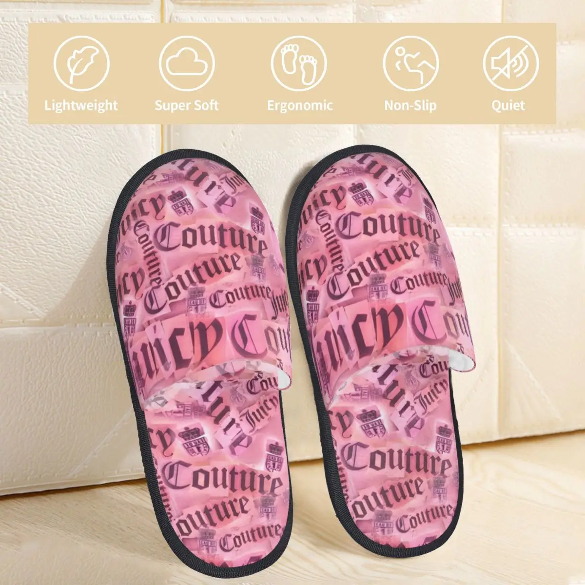 Juicys Pink Y2K JC House Slippers Anti Slip Coutures Cozy Household Fur Slippers Slides Bedroom