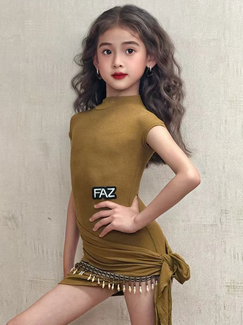 أطفال بنات الجمل أكمام مسمار الخرز اللاتينية Dancewear ارتداءها ومنشفة الورك كاوبوي سامبا رومبا ممارسة المنافسة Dancewear
