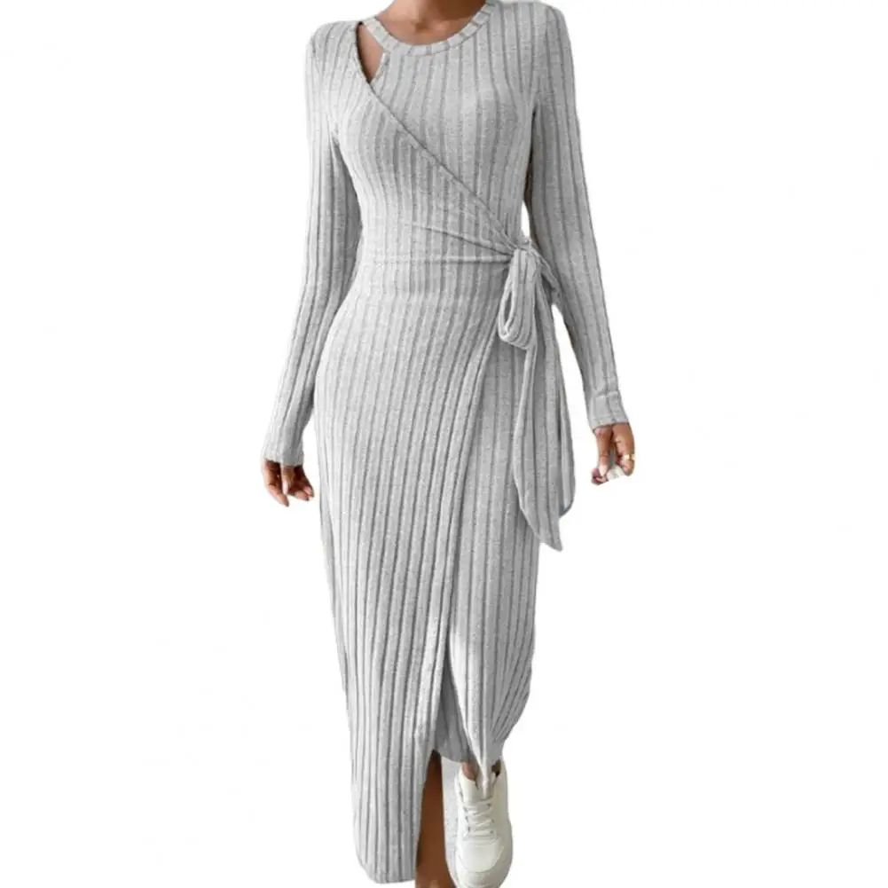 2023 Autumn/Winter New Women's Fashion Temperament Solid Color Round Neck Long Sleeve Slim Waist Tie up Knitted Dress