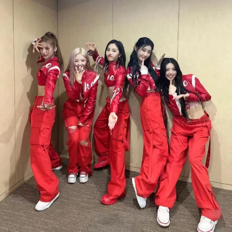 Kpop menina grupo jazz dança traje roupas sexy vermelho zíper jaquetas em linha reta calças de perna larga roupas desempenho coreano palco wear