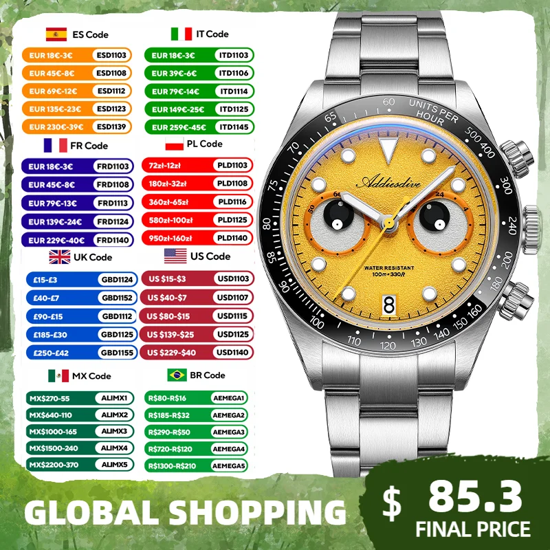 ADDIESDIVE Animated Eyes Dial VK64 Meca Quartz Chronograph Luxury Men's Watch 40MM Ceramic Bezel BGW9 Luminous 100M Waterproof