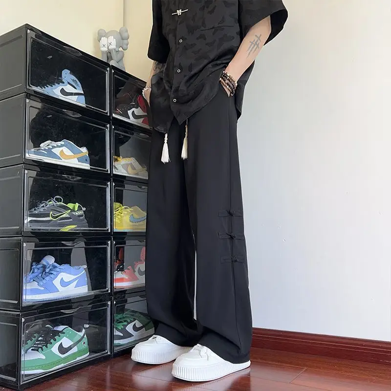 New Chinese Style Chinese Style Buckle Ice Silk Men's Summer Thin Loose Straight Wide-leg High-end Casual Men's Pants