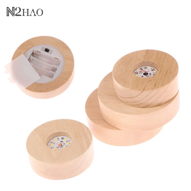 Battery Operated 8cm Round Wooden LED Light Dispaly Base Stand Holder 3D Table Night Lamp Base Crystal Glass Resin Art Ornaments