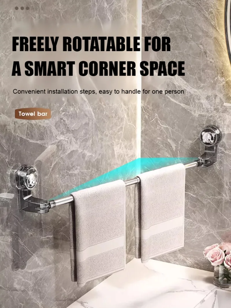 

Light Luxury Retractable Towel Bar Suction Cup Bathroom Organizer Rotatable Corner Rack