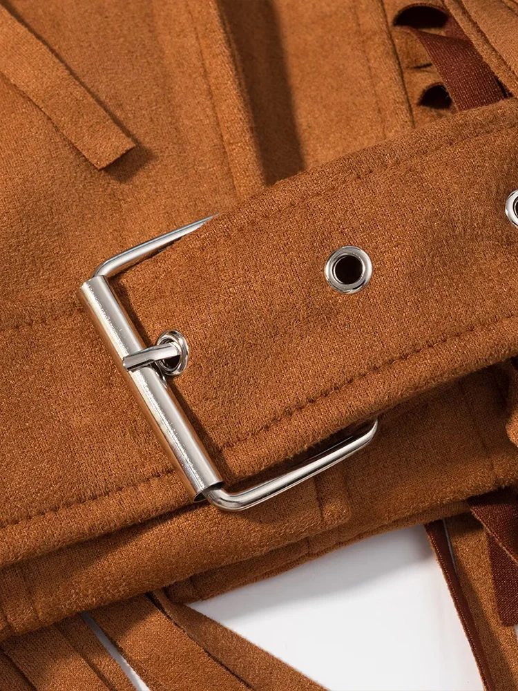 وصل حديثًا للخريف للنساء: سترة مقصوصة بأكمام طويلة وطية صدر السترة على الطراز الفرنسي القديم وأكتاف واسعة من جلد الغزال الصناعي