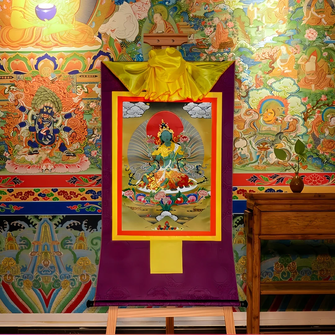 Green Tara Bodhisattva Thangka Painting, Chinese Purple Scroll Mounted, Zen Small Hanging Ornament.